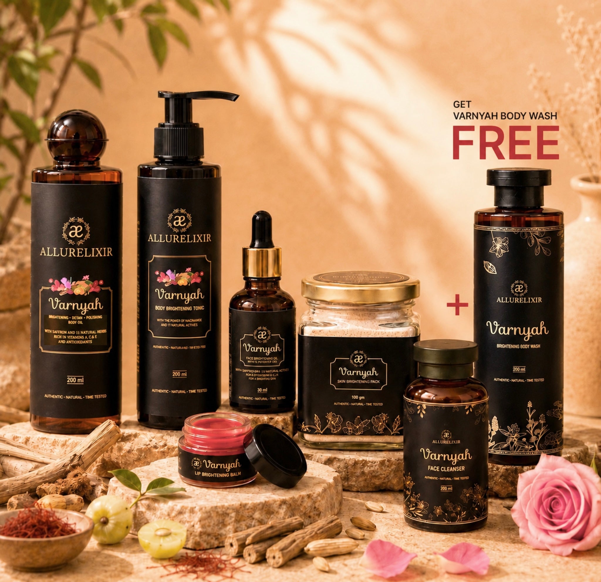 Varnyah : All 7 in 1 Brightening kit ( Body Oil + Body Lotion + Face oil + Lip balm + Face pack + Face cleanser + FREE Body Wash)