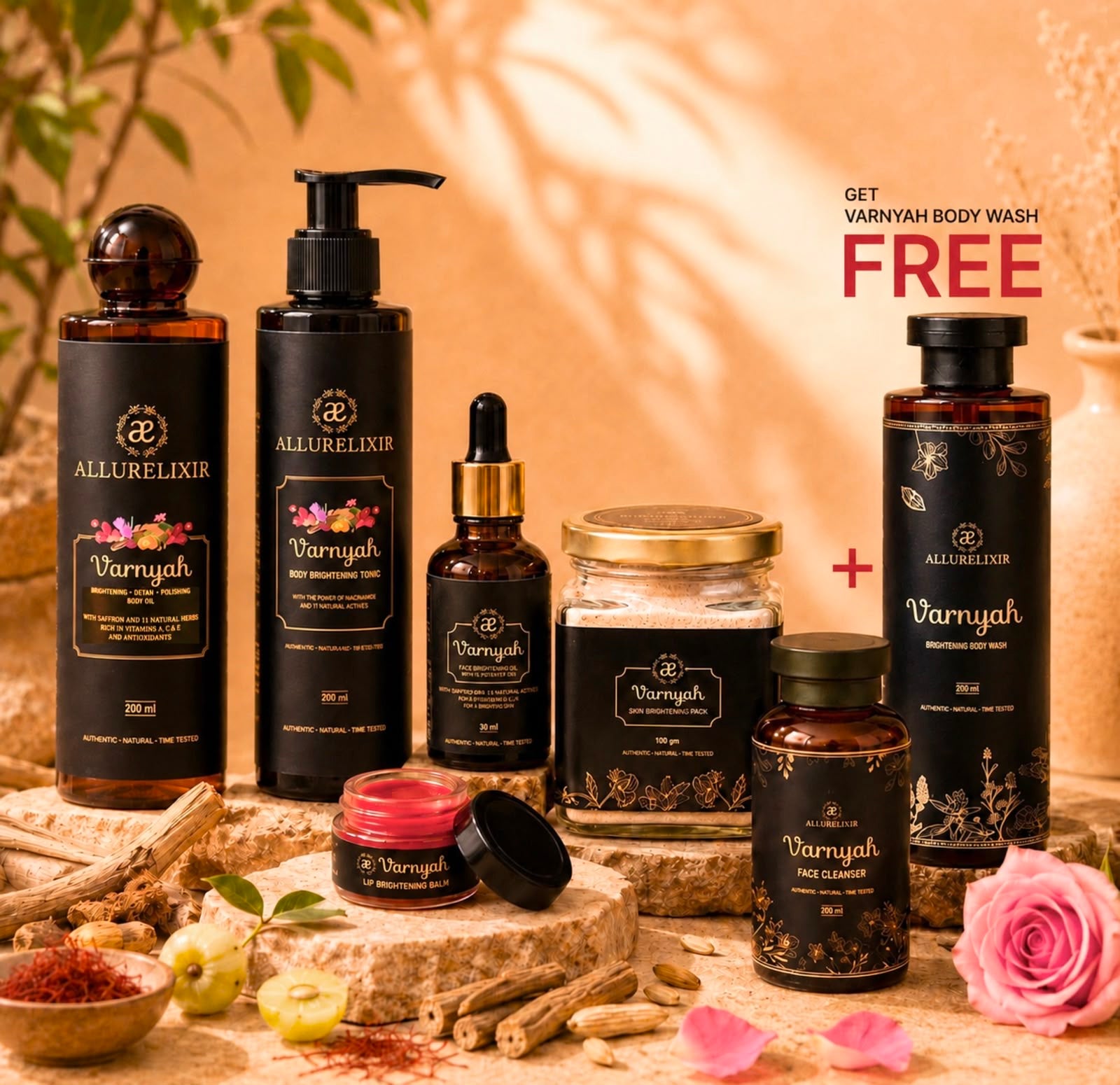 Varnyah : All 7 in 1 Brightening kit ( Body Oil + Body Lotion + Face oil + Lip balm + Face pack + Face cleanser + FREE Body Wash)