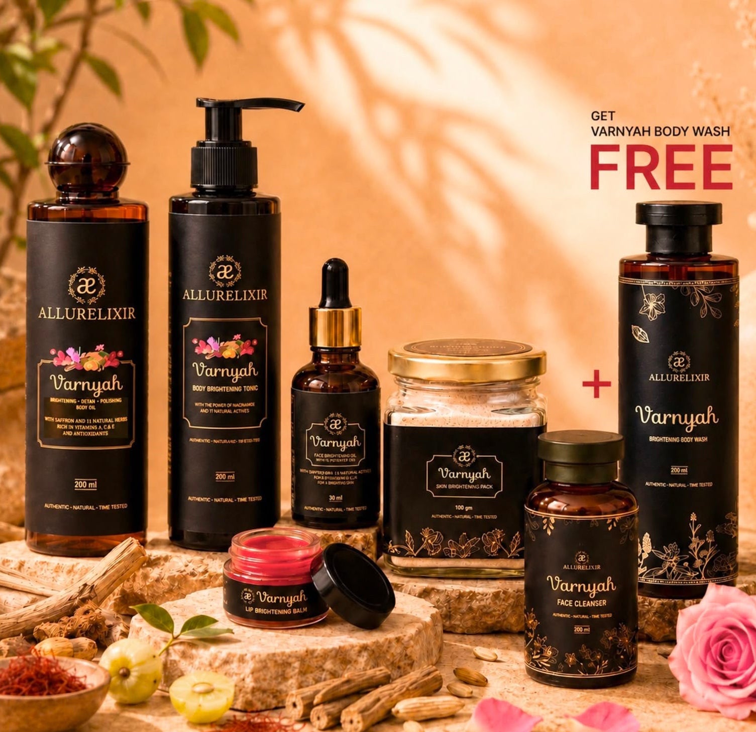 Varnyah : All 7 in 1 Brightening kit ( Body Oil + Body Lotion + Face oil + Lip balm + Face pack + Face cleanser + FREE Body Wash)